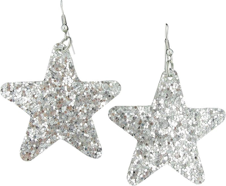Summerfield Collection Glitter Faux Leather Large Star Dangle Earrings (Silver)