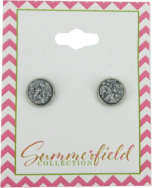 Summerfield Collection Stainless Steel Glitter Faux Druzy Stone Stud Earrings 8mm (Dark Silver)