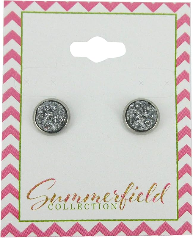 Summerfield Collection Stainless Steel Glitter Faux Druzy Stone Stud Earrings 8mm (Dark Silver)