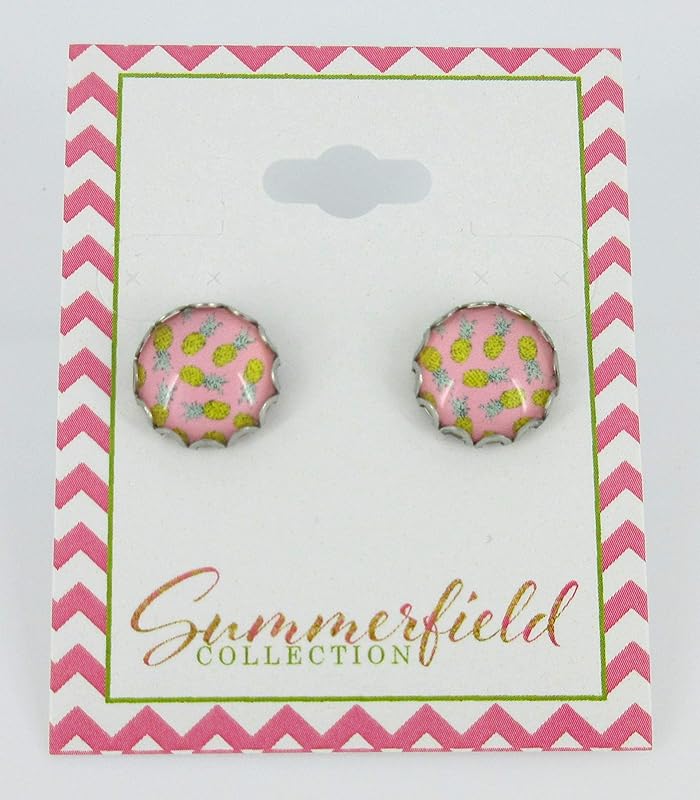 Summerfield Collection Stainless Steel Pink Pineapple Print Glass Stud Earrings 12mm
