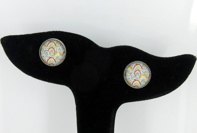Stainless Steel Yellow Blue Vintage Rainbows Print Glass Stud Earrings 12mm Dots