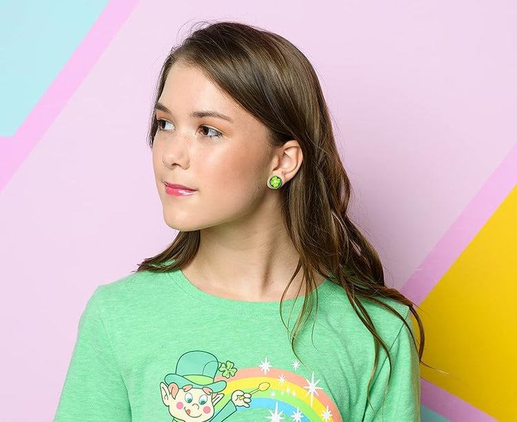 Summerfield Collection Stainless Steel Lucky 4 Leaf Clover Print Glass Stud Earrings 12mm