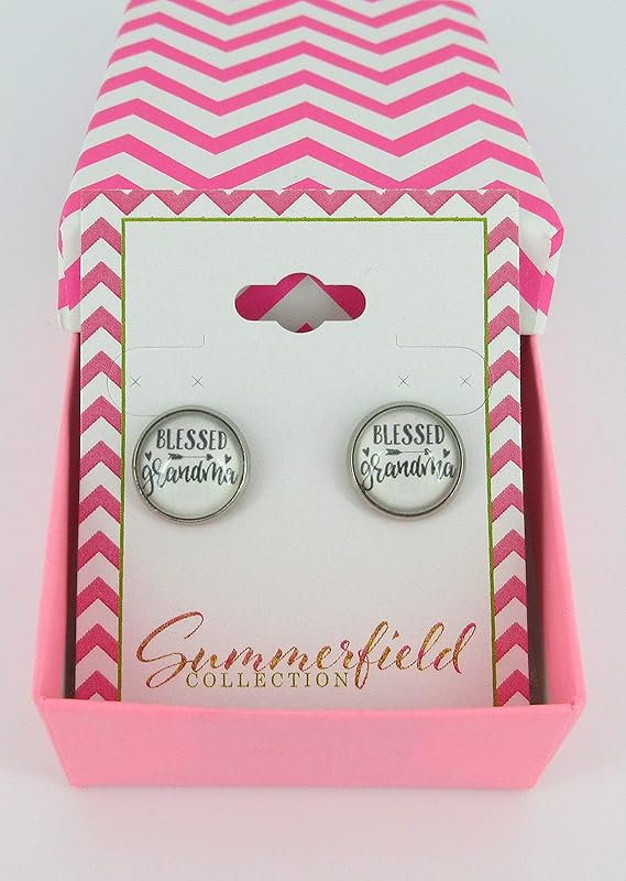 Summerfield Collection Stainless Steel Blessed Grandma Print Glass Stud Earrings 12mm