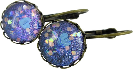 Summerfield Collection Antiqued Gold-tone Blue Purple Heart Bar Glitter Glass Drop Earrings Hand-painted