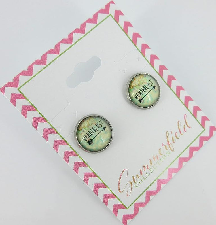 Summerfield Collection Stainless Steel Wanderlust Print Glass Stud Earrings 12mm