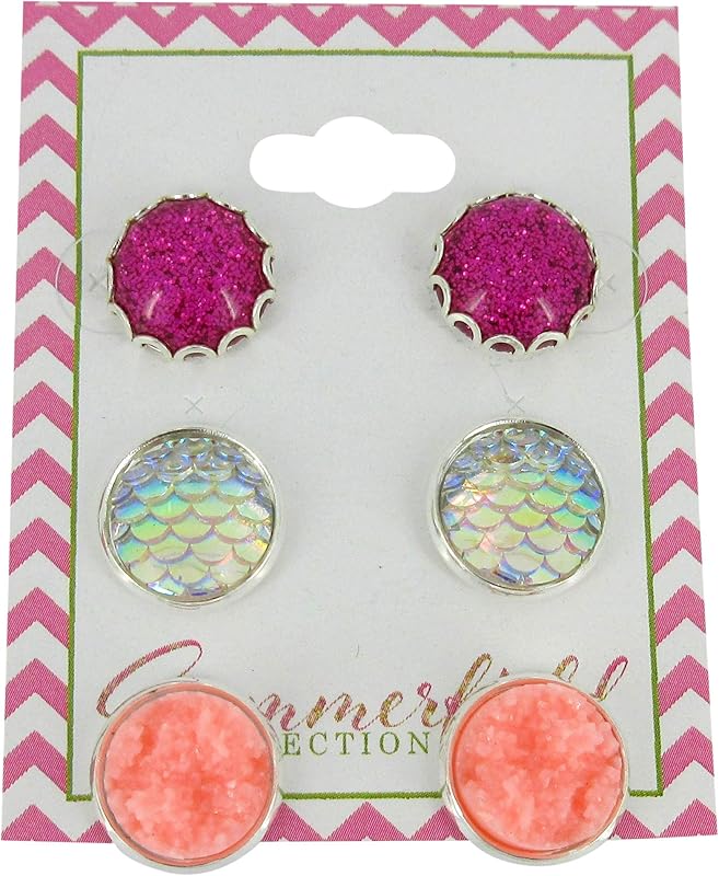 Summerfield Collection Trio Silver-tone Stud Earrings Pink Faux Druzy Stone AB Mermaid Scale Glitter Resin Set 12mm