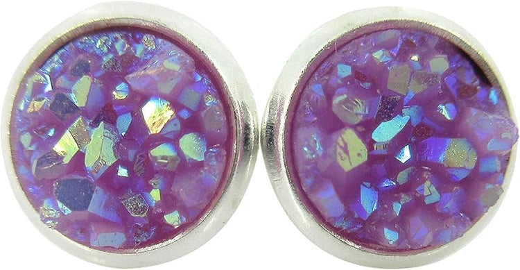 Summerfield Collection Silver-tone Pastel AB Faux Druzy Stone Stud Earrings 8mm (Lavender Purple)