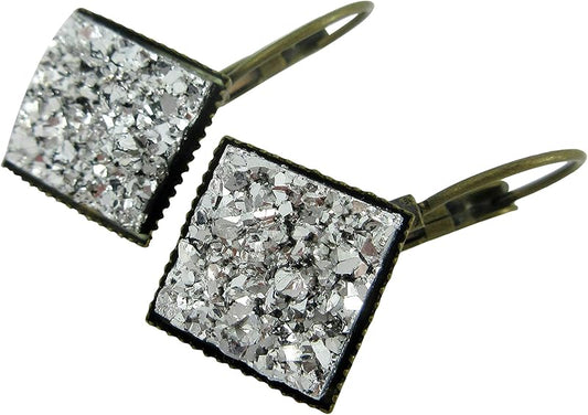 Summerfield Collection Antiqued Gold-tone Geometric Square Faux Druzy Stone Lever-back Drop Earrings (Silver Metallic)