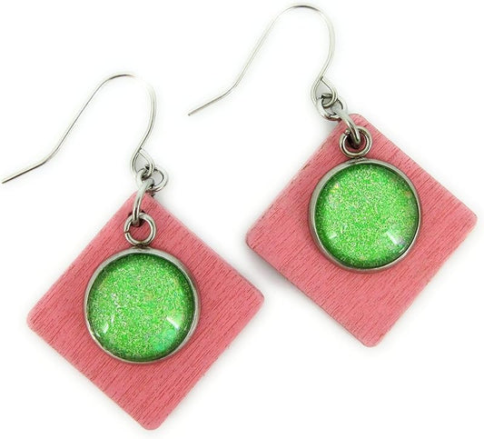 Summerfield Collection Stainless Steel Lime Green AB Glitter Glass Charm Pink Wood Square Dangle Earrings