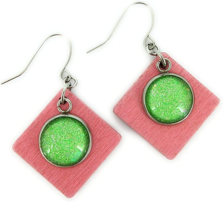 Summerfield Collection Stainless Steel Lime Green AB Glitter Glass Charm Pink Wood Square Dangle Earrings