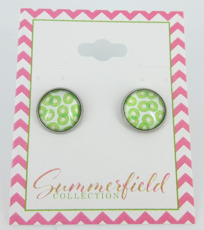 Summerfield Collection Stainless Steel Kiwi Fruit Print Glass Stud Earrings 12mm Green and White