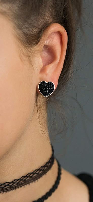 Summerfield Collection Silver-tone Heart Faux Druzy Stone Stud Earrings 12mm (Black)