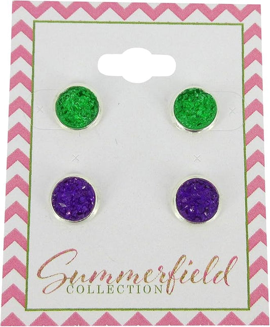 Summerfield Collection Duo Silver-tone Faux Druzy Stone Stud Earrings 8mm Set (Deep Purple/Green)