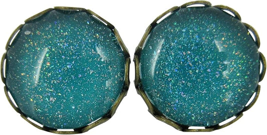 Summerfield Collection Antiqued Gold-tone Teal Blue Green Holographic Glitter Glass Stud Earrings Hand-painted 12mm