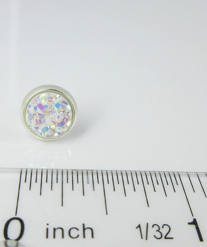 Summerfield Collection Duo Silver-tone Faux Druzy Stone Stud Earrings 8mm Set (White AB/Black)