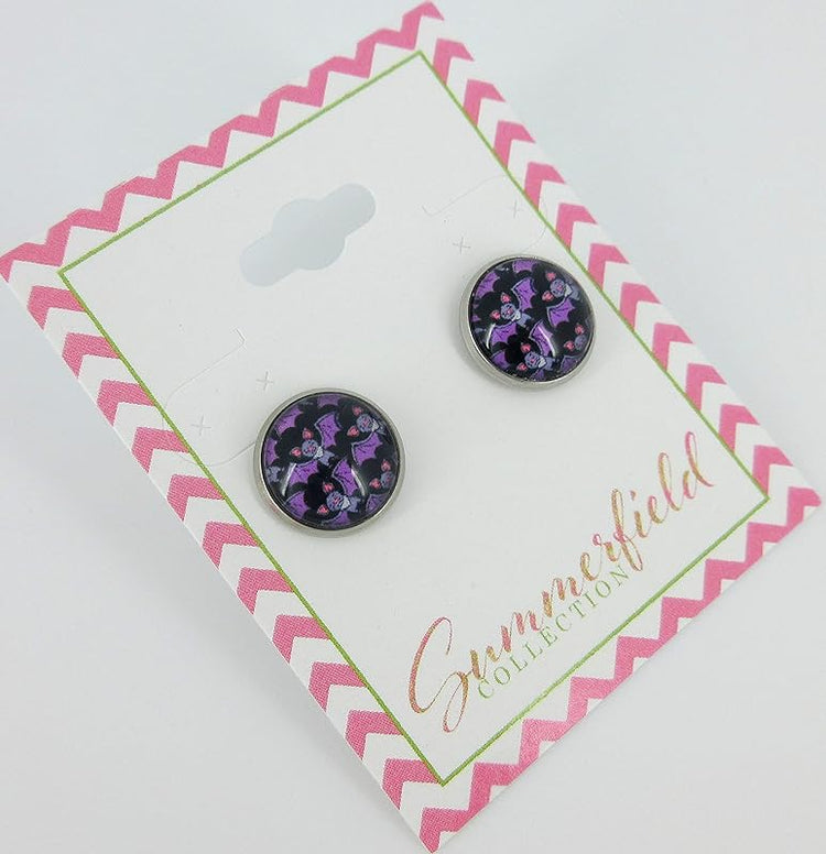 Summerfield Collection Stainless Steel Halloween Printed Glass Stud Earrings 12mm (Purple Bat)