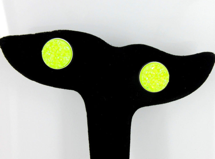 Silver-tone Neon Yellow AB Faux Druzy Stone Stud Earrings