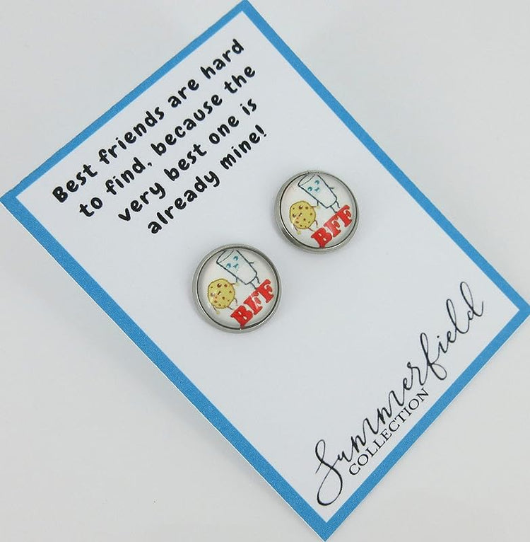 Summerfield Collection Stainless Steel Best Friends Print Glass Stud Earrings 12mm (Milk and Cookies)