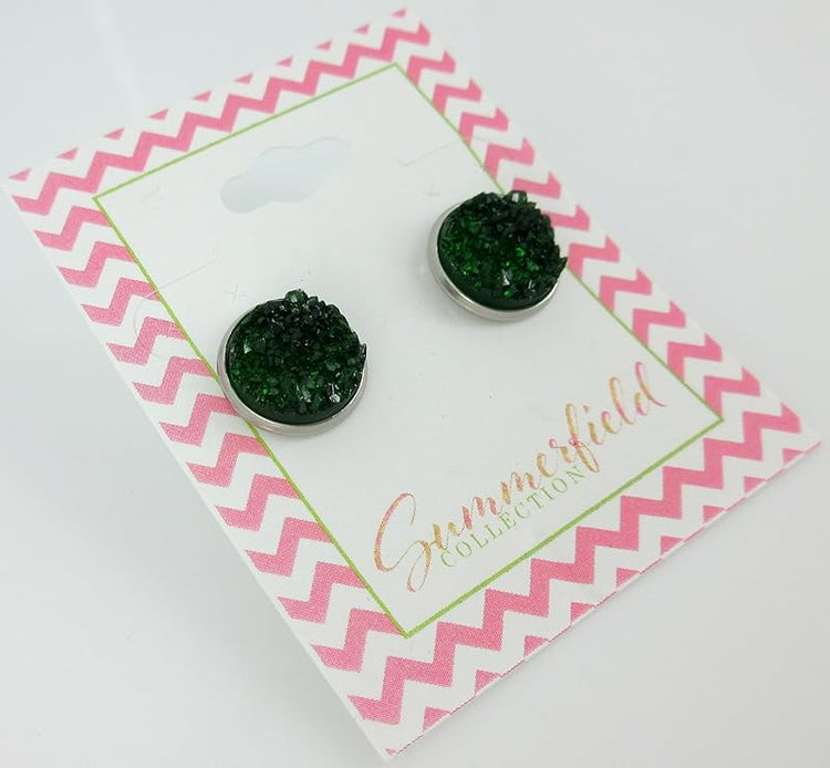 Summerfield Collection Stainless Steel Faux Druzy Stone Stud Earrings 12mm (Dark Green)