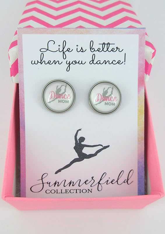 Summerfield Collection Stainless Steel Dance Mom Print Glass Stud Earrings 12mm (White Gray and Pink)