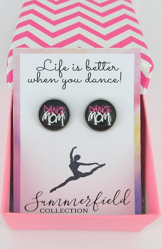 Summerfield Collection Stainless Steel Dance Mom Print Glass Stud Earrings 12mm (Black Grafitti)