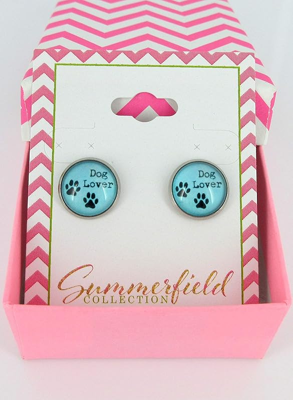 Summerfield Collection Stainless Steel Blue Dog Lover Paw Print Glass Stud Earrings 12mm