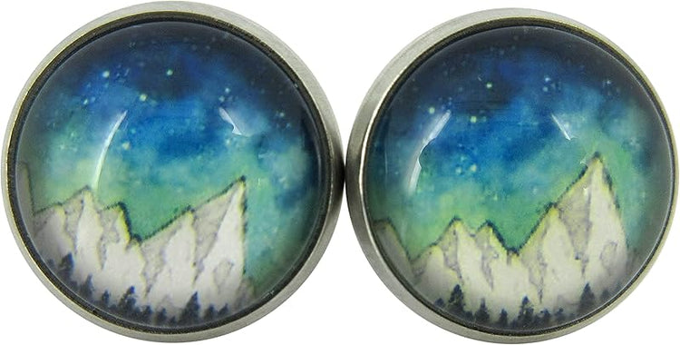Summerfield Collection Stainless Steel Night Sky Snowy Mountain Print Glass Stud Earrings 12mm