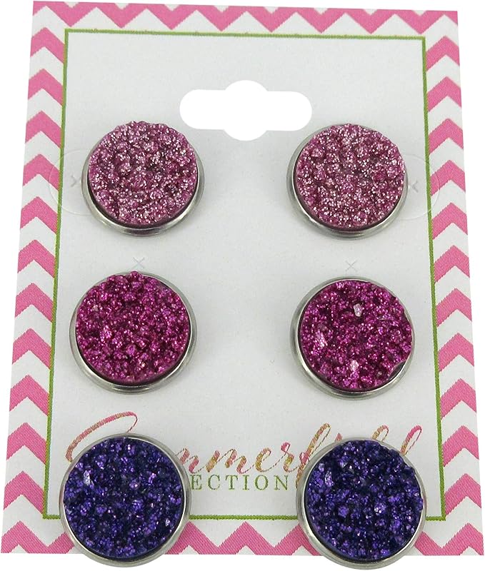 Summerfield Collection Trio Stainless Steel Glitter Faux Druzy Stone Stud Earrings Set 12mm (Pink/Purple)