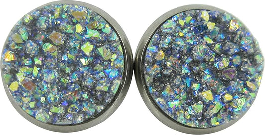 Summerfield Collection Stainless Steel Frost Blue Gray AB Glitter Faux Druzy Stone Stud Earrings (12mm)