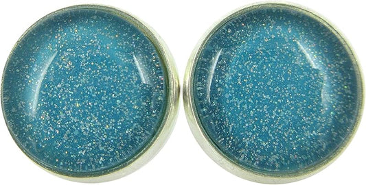 Summerfield Collection Silver-tone Soft Teal Green Blue Glitter Glass Stud Earrings Hand-painted 12mm