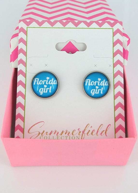 Summerfield Collection Stainless Steel Florida Girl Print Glass Stud Earrings 12mm (Florida Girl)