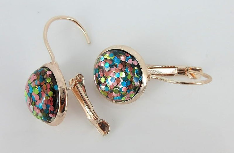 Summerfield Collection Rose Gold-tone Pink Aqua Green Metallic Glitter Resin Lever-back Drop Earrings