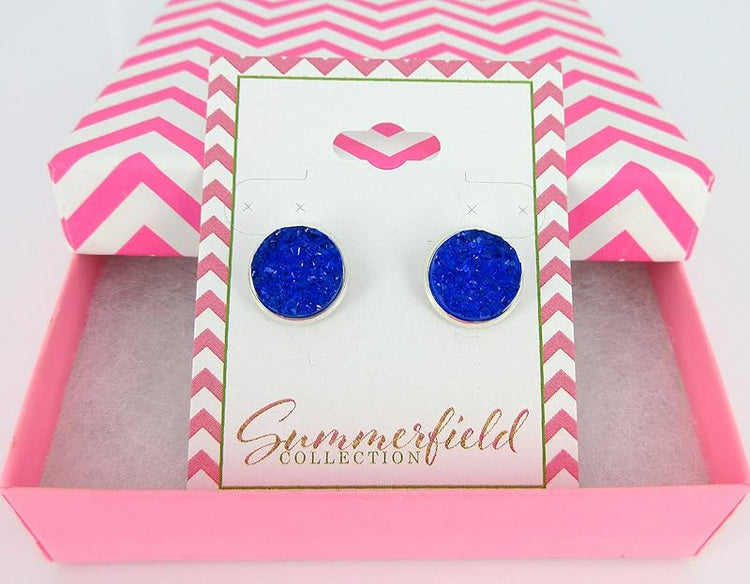 Summerfield Collection Silver-tone Faux Druzy Stone Stud Earrings 12mm (Deep Royal Blue)