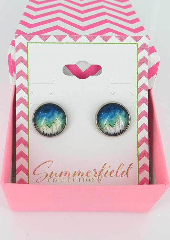 Summerfield Collection Stainless Steel Night Sky Snowy Mountain Print Glass Stud Earrings 12mm