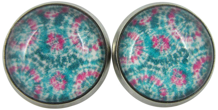 Stainless Steel Tie Dye Print Glass Stud Earrings 12mm (Aqua/Blue/Pink/Green)