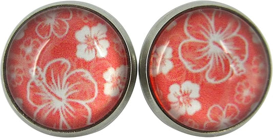 Summerfield Collection Stainless Steel Hibiscus Flower Print Glass Stud Earrings 12mm Hawaiian (Coral Peach Pink)