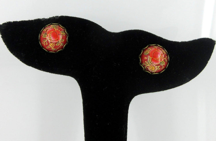 Antiqued Gold-tone Floral Print Stud Earrings 12mm