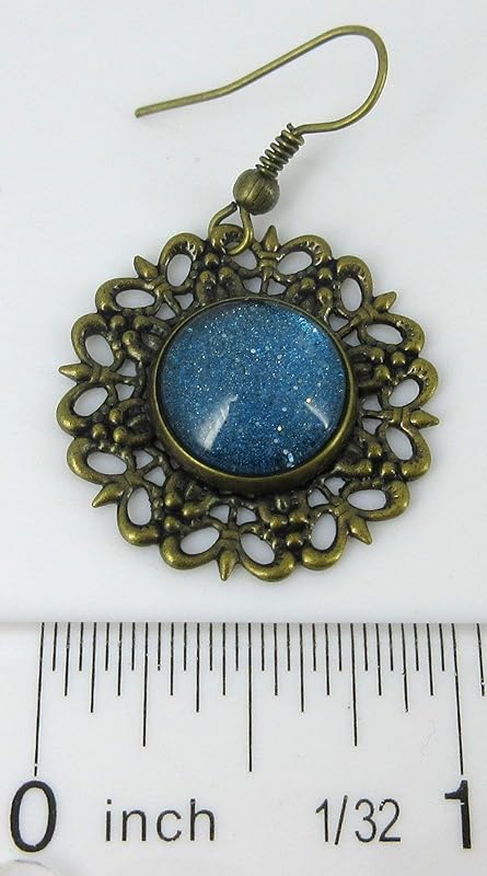 Summerfield Collection Antiqued Gold-tone Blue Glitter Glass Medallion Dangle Earrings Hand-painted