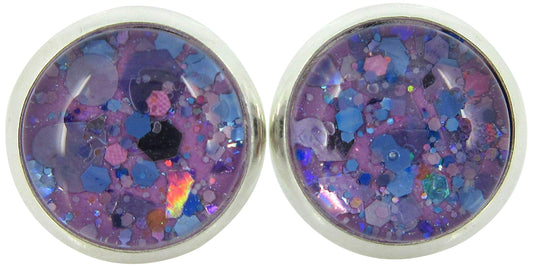 Silver-tone Purple Unicorn Mix Glitter Glass Stud Earrings Hand-painted 10mm