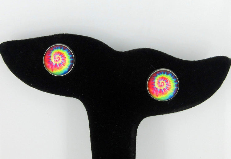 Stainless Steel Tie Dye Print Glass Stud Earrings 12mm (Purple/Red Swirl)