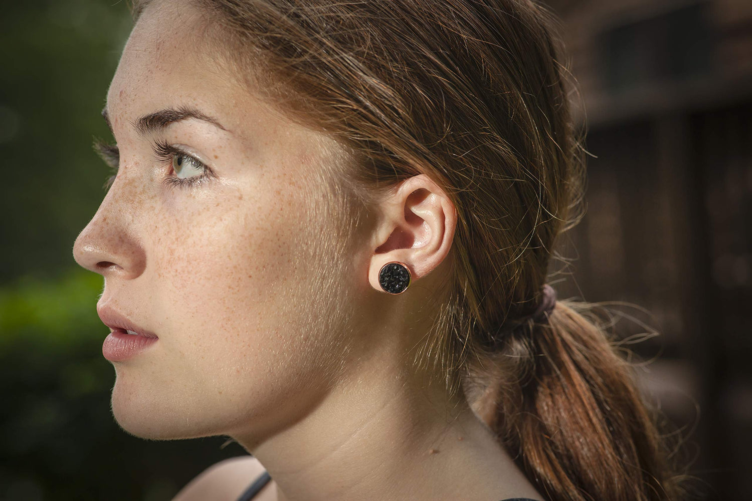 Rose Gold-tone Black Faux Druzy Stone Stud Earrings 12mm