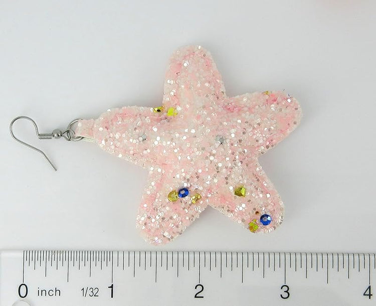 Summerfield Collection Stainless Steel Pastel Glitter Faux Leather Large Puffy Star Dangle Earrings (Light Pink)