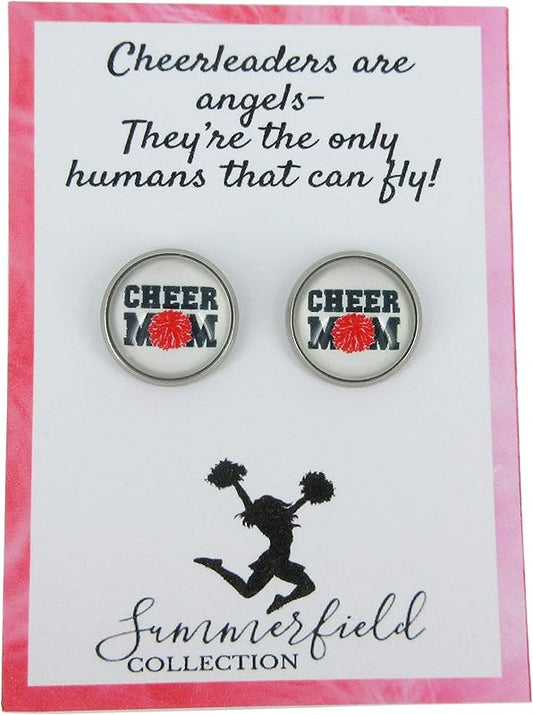 Summerfield Collection Stainless Steel Cheer Printed Glass Stud Earrings 12mm (Cheer Mom)