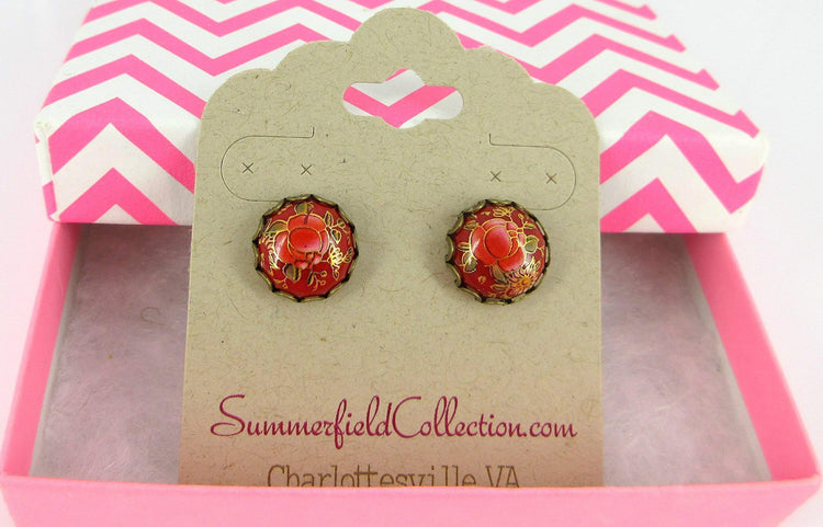 Antiqued Gold-tone Floral Print Stud Earrings 12mm