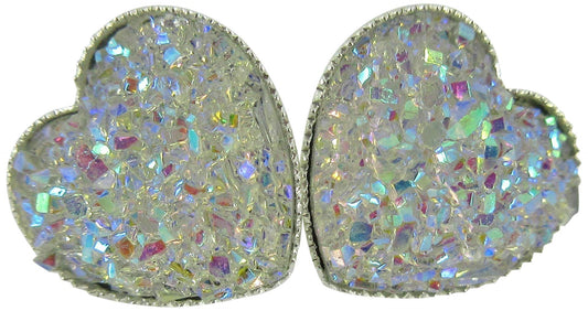 Silver-tone Heart Faux Druzy Stone Stud Earrings 12mm (Clear AB)