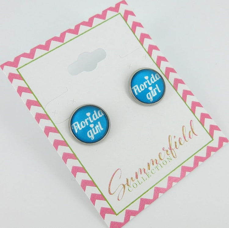 Summerfield Collection Stainless Steel Florida Girl Print Glass Stud Earrings 12mm (Florida Girl)