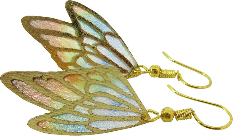 Summerfield Collection Gold Tone Butterfly Wing Fabric Dangle Earrings (Rainbow Double Wing)