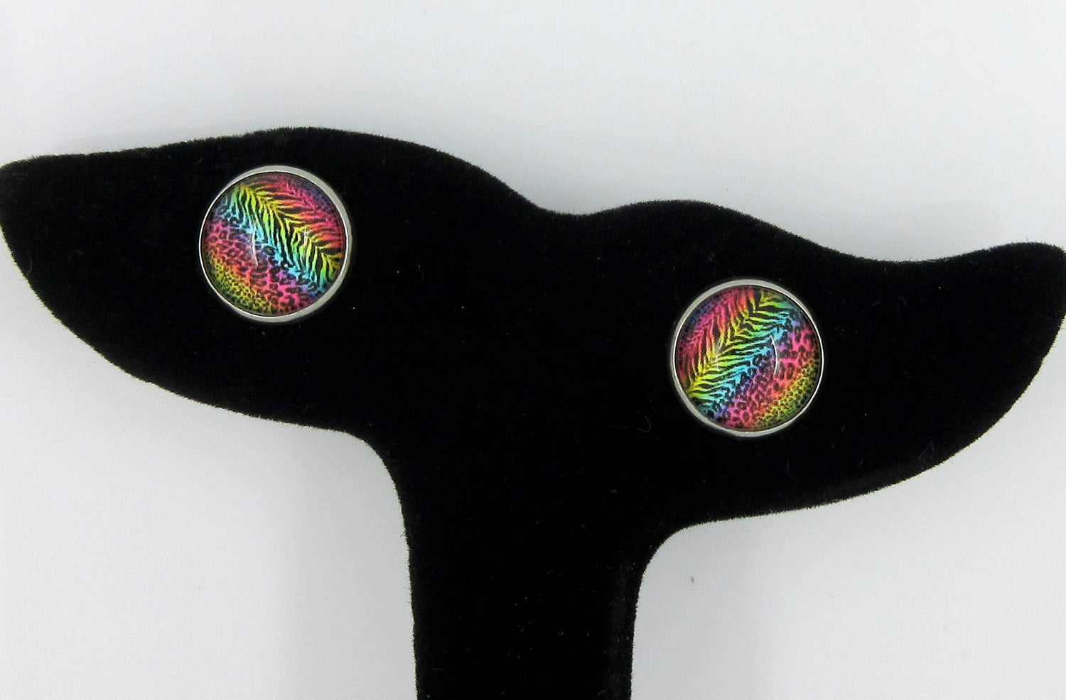 Stainless Steel Rainbow Tiger Animal Print Glass Stud Earrings 12mm