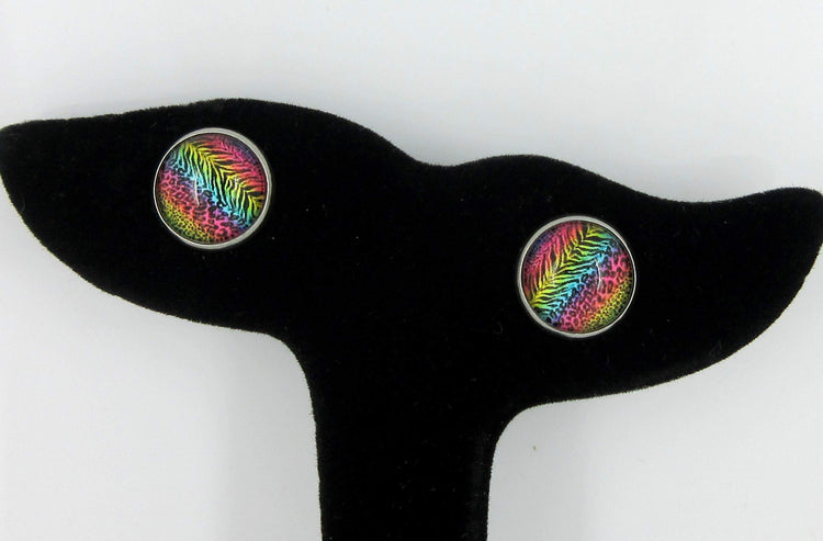 Stainless Steel Rainbow Tiger Animal Print Glass Stud Earrings 12mm