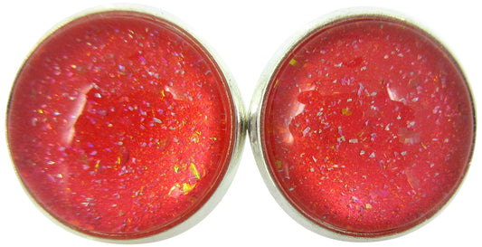 Silver-tone Coral Iridescent Glitter Glass Stud Earrings Hand-painted 12mm